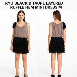 RYU Black & Taupe Layered Ruffle Hem Mini Dress M